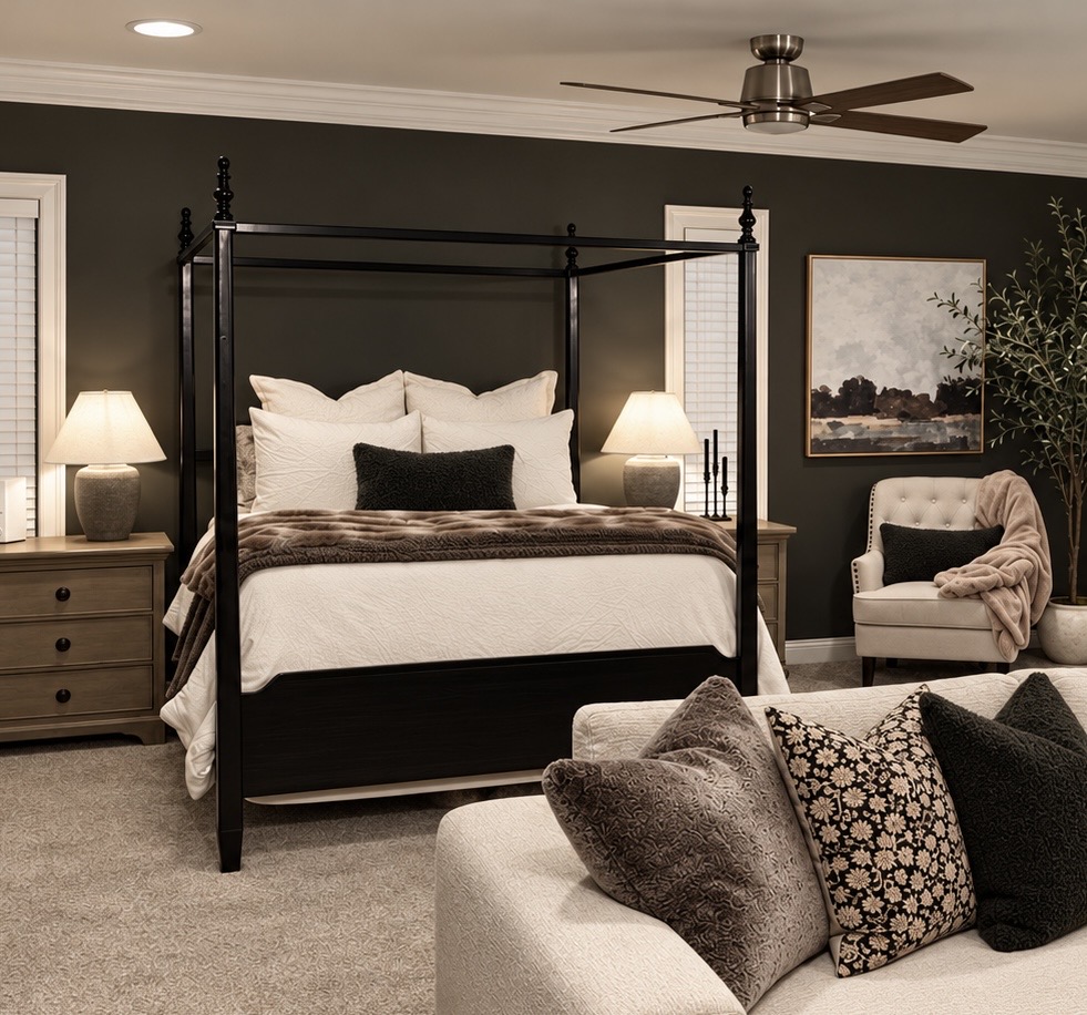 Layered neutral bedroom with a black canopy bed