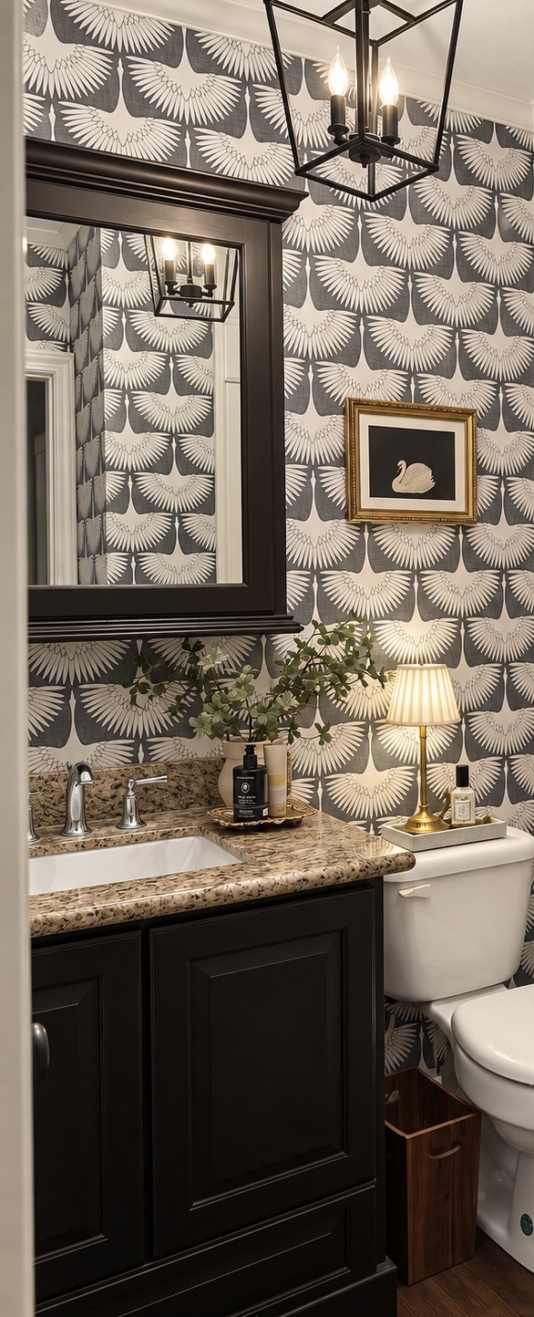 Patterned powder room with dark cabinetry and brass lighting