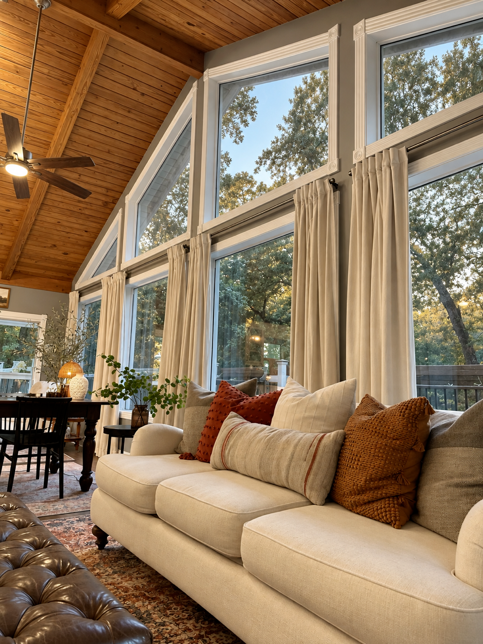 Light-filled sitting room with a vaulted wood ceiling