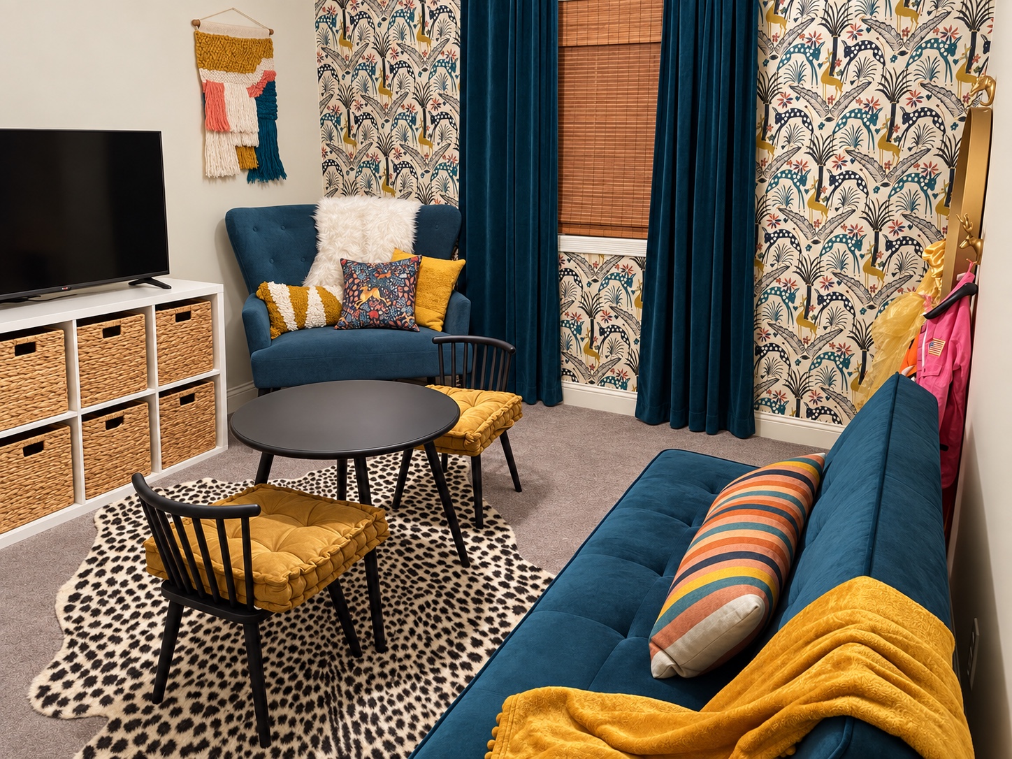 Finished children’s playroom with teal seating, patterned wallpaper, and accessible storage